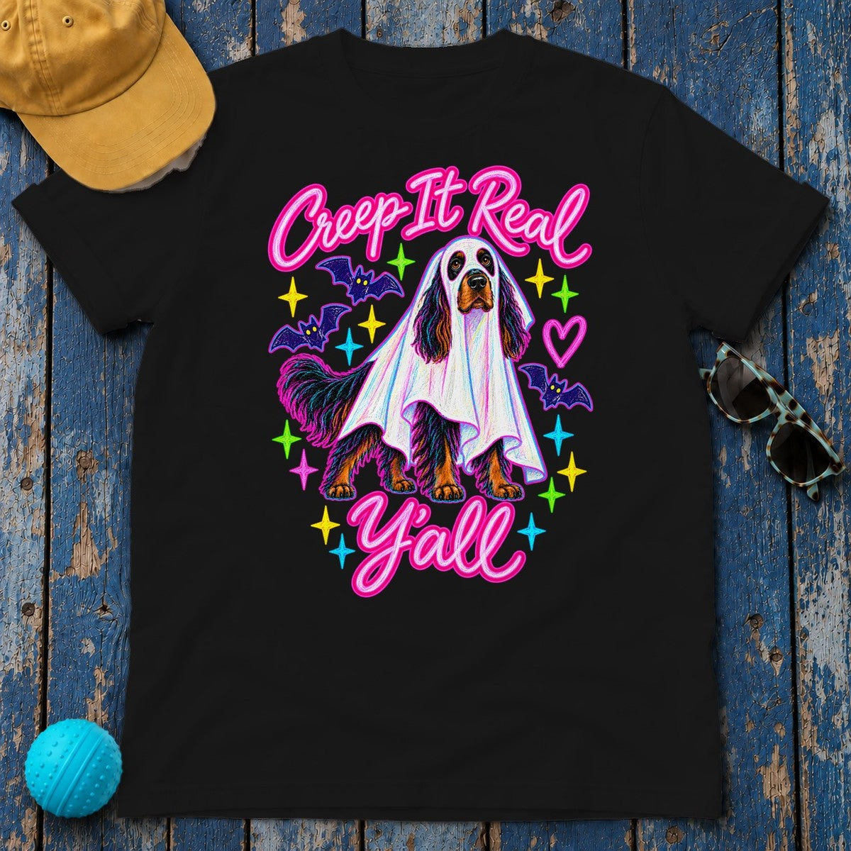 Gordon Setter Creep It Real Halloween Ghost T-Shirt in Black