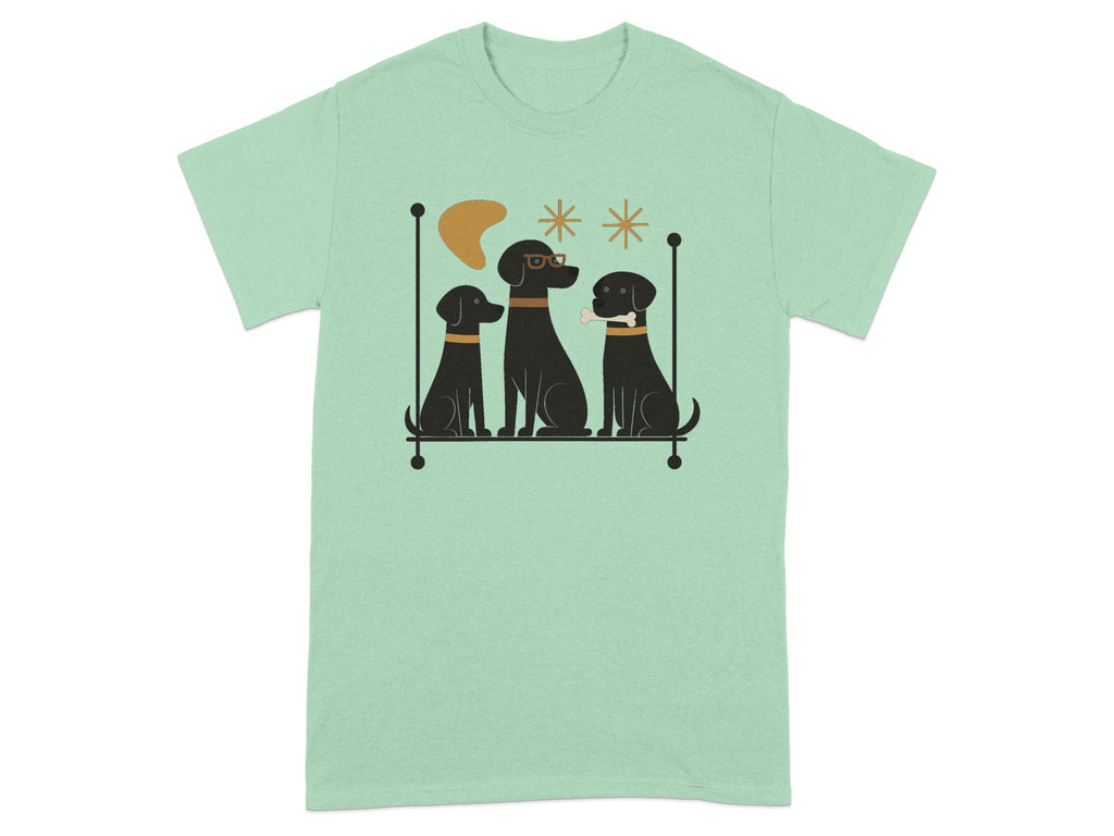 Three black dogs sit on a shelf with decorative elements and a bone.