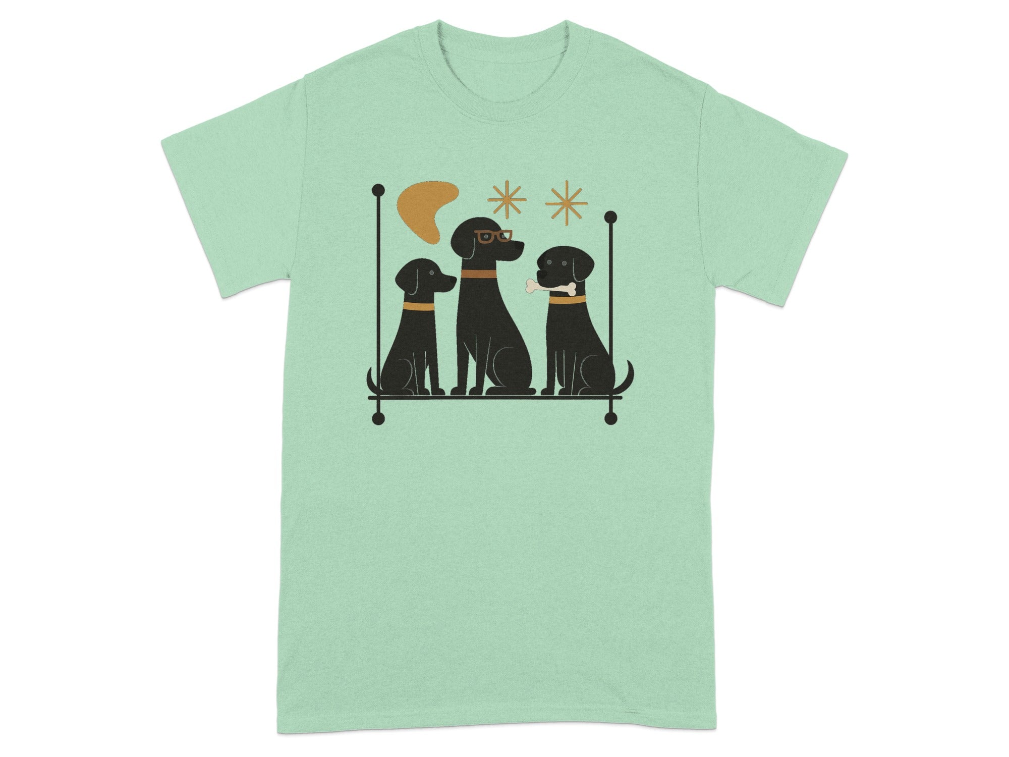 Three black dogs sit on a shelf with decorative elements and a bone.