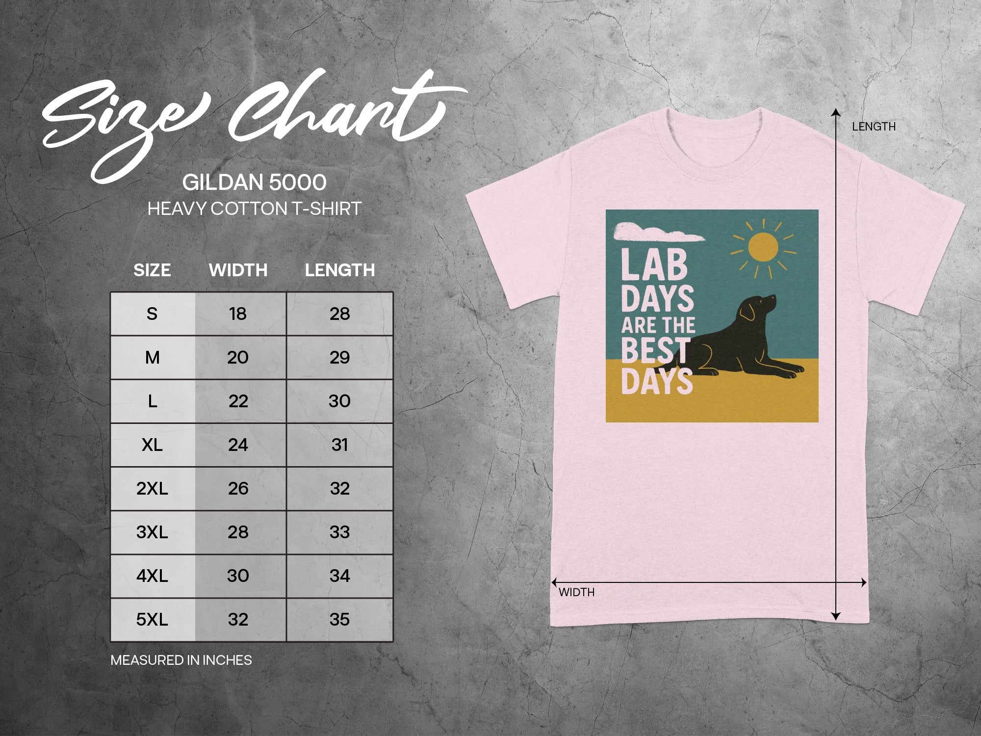 GILDAN 5000 Heavy Cotton t-shirt size chart with width and length measurements.