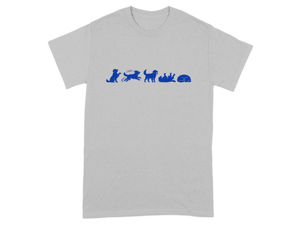 Gray t-shirt with blue silhouette of dogs in various playful poses.