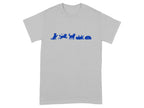 Gray t-shirt with blue silhouette of dogs in various playful poses.