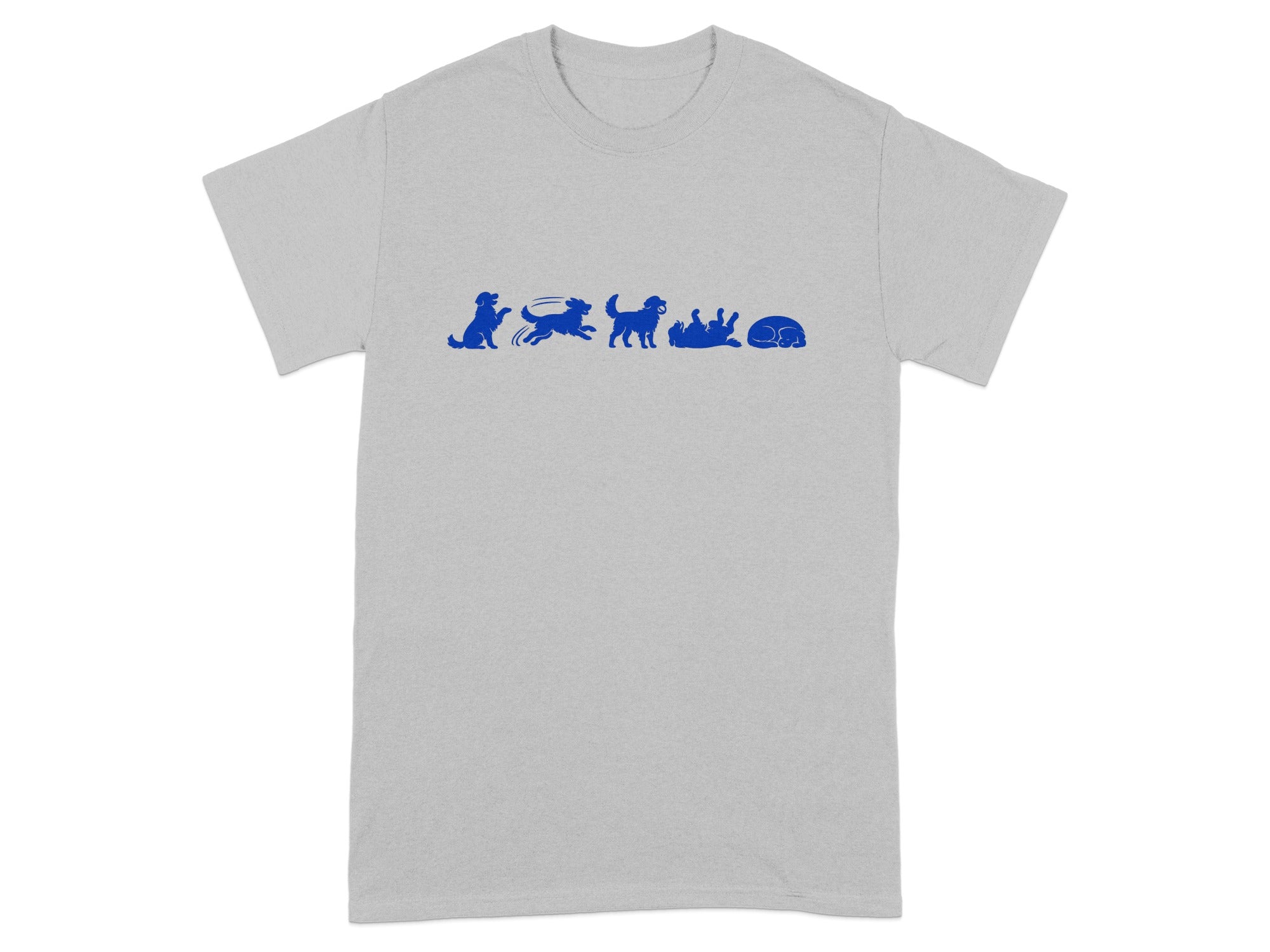 Gray t-shirt with blue silhouette of dogs in various playful poses.