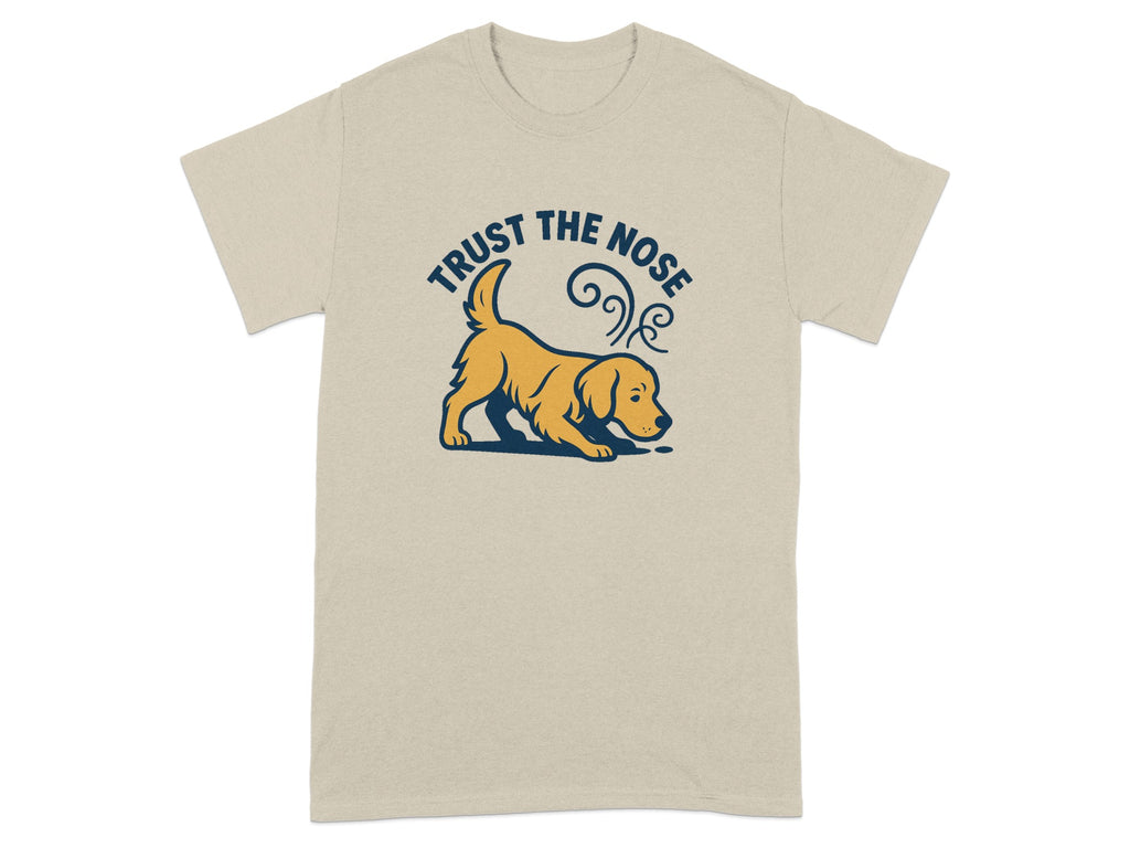 T-shirt with tan color featuring a navy blue graphic of a yellow dog sniffing.