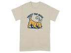 T-shirt with tan color featuring a navy blue graphic of a yellow dog sniffing.