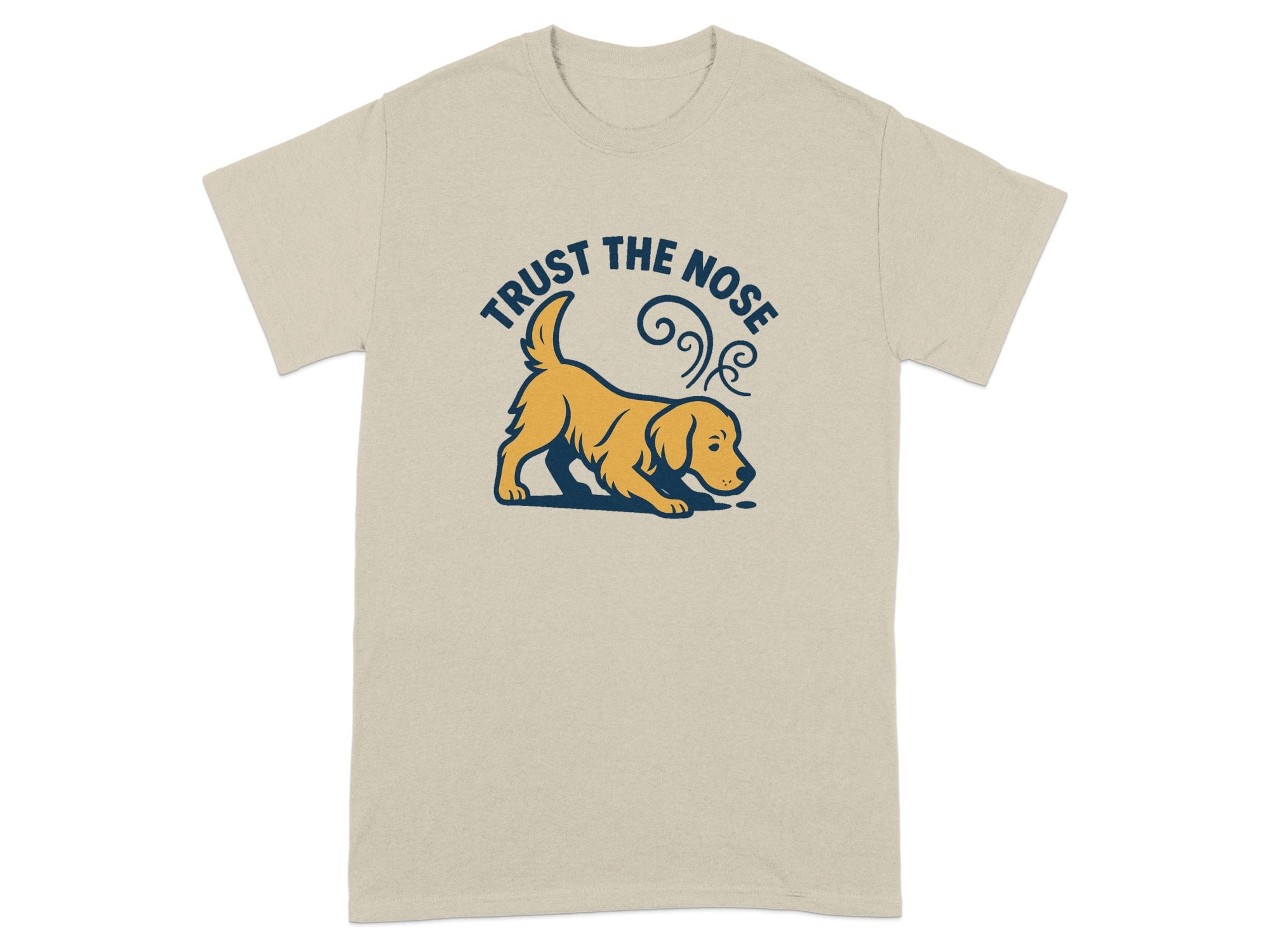 T-shirt with tan color featuring a navy blue graphic of a yellow dog sniffing.