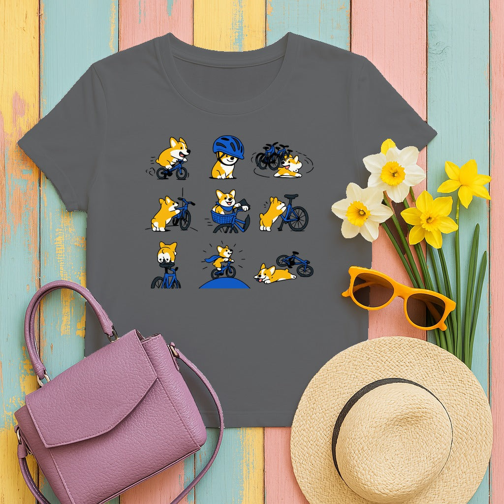 Whimsical Corgi Cycling Adventures T-Shirt in Graphite Heather