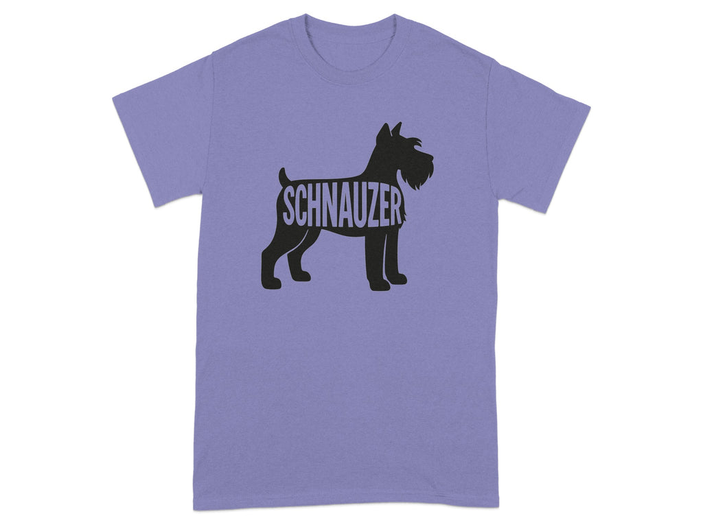 Purple t-shirt with a black silhouette of a schnauzer dog and the word "SCHNAUZER".