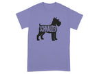 Purple t-shirt with a black silhouette of a schnauzer dog and the word "SCHNAUZER".