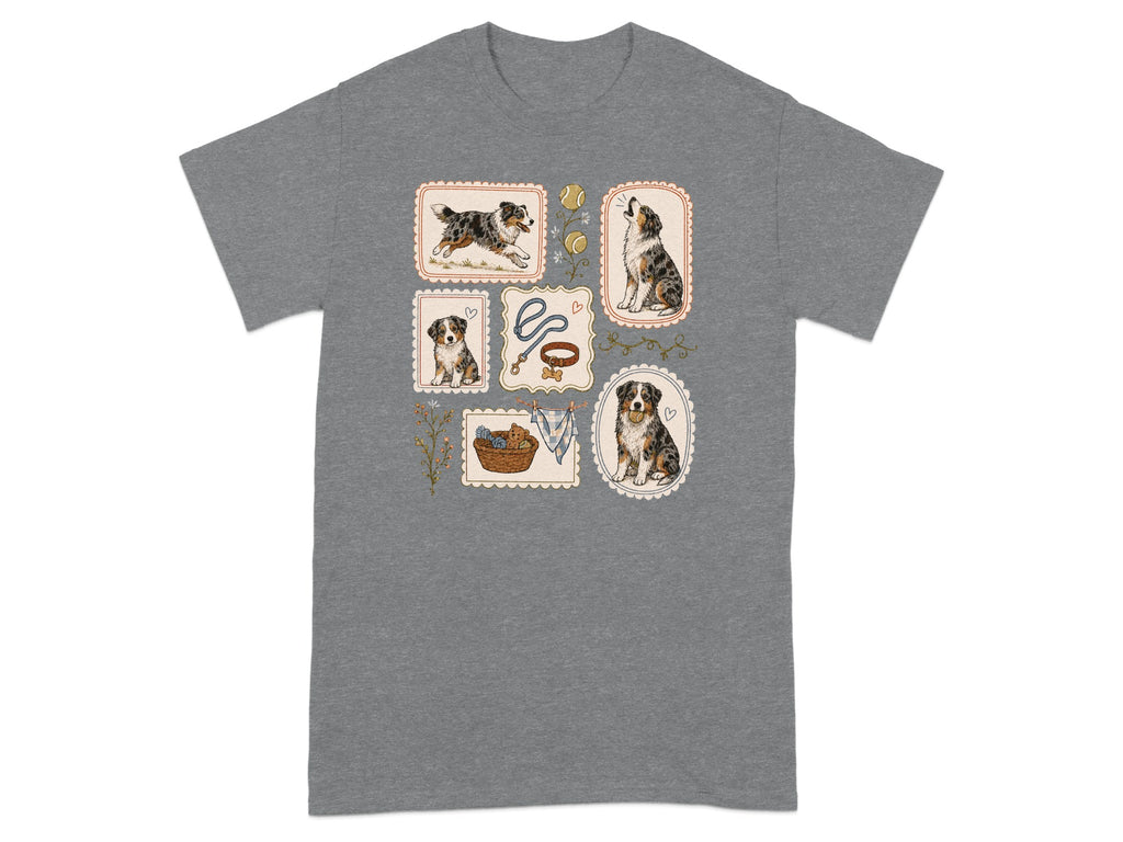 T-shirt featuring framed illustrations of Australian Shepherds with hearts and floral accents.