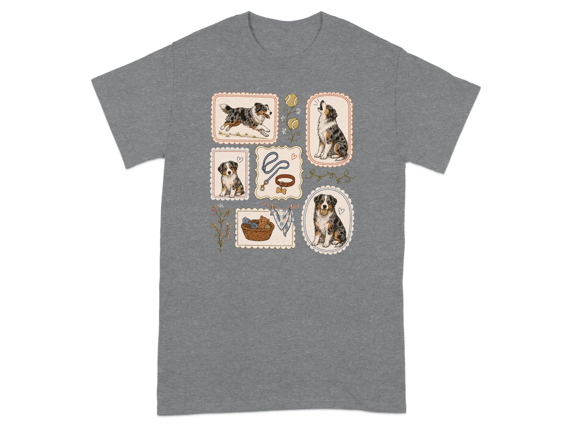 T-shirt featuring framed illustrations of Australian Shepherds with hearts and floral accents.
