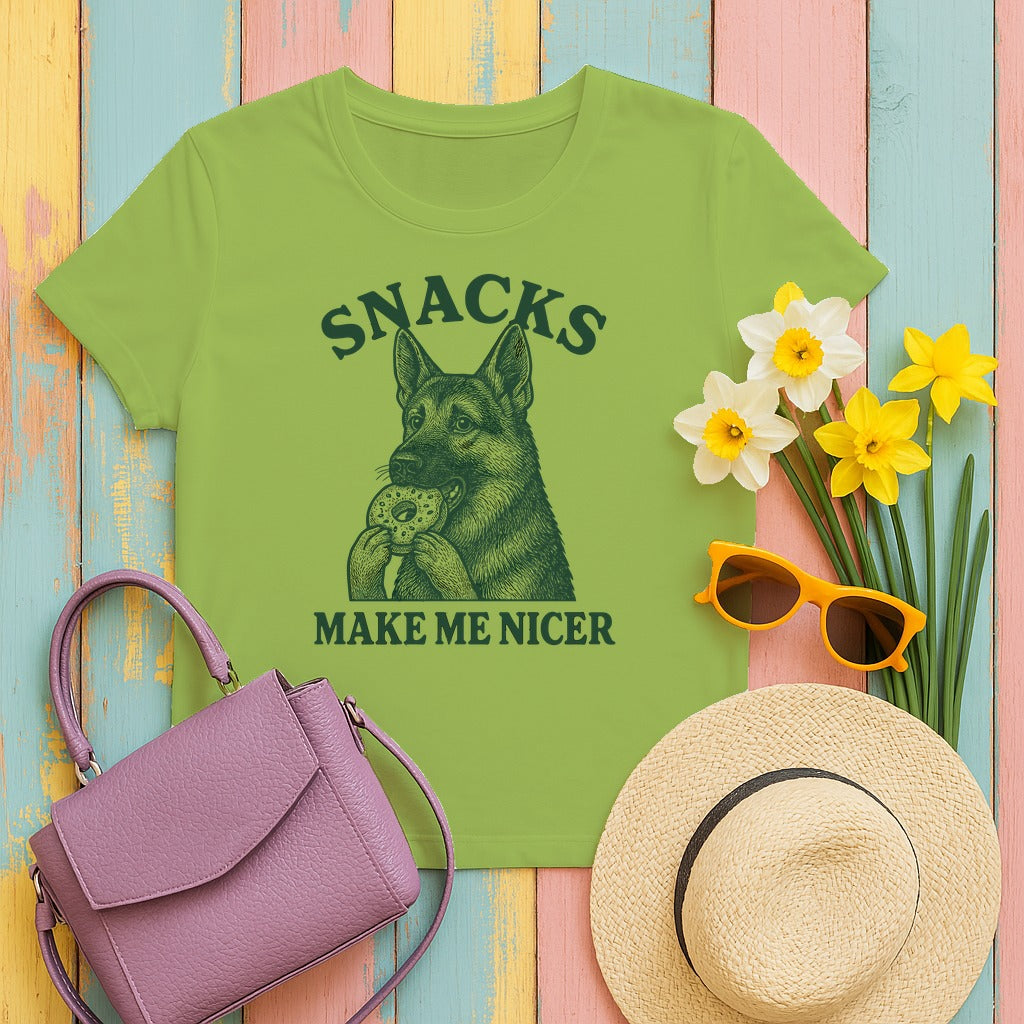 Snacks Make Me Nicer Funny German Shepherd With Donut Cute T-Shirt in Kiwi