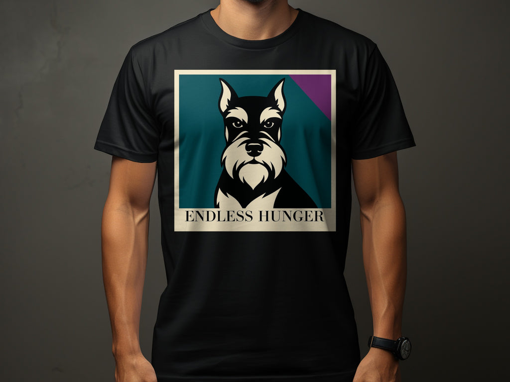 Black t-shirt with a schnauzer portrait and text "ENDLESS HUNGER"