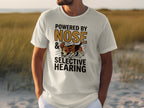 White t-shirt with beagle dog graphic and "Powered by Nose & Selective Hearing" text.