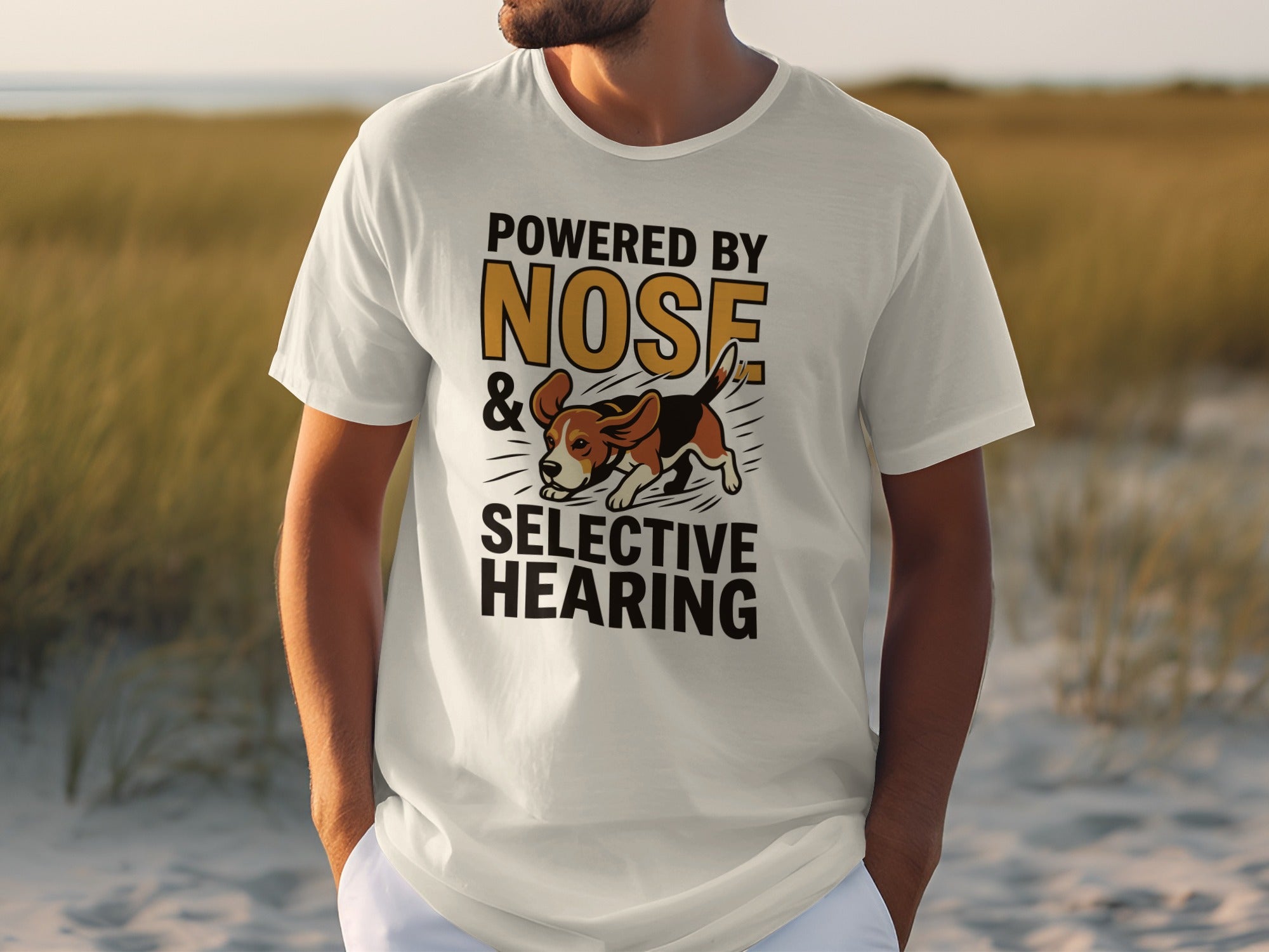White t-shirt with beagle dog graphic and "Powered by Nose & Selective Hearing" text.