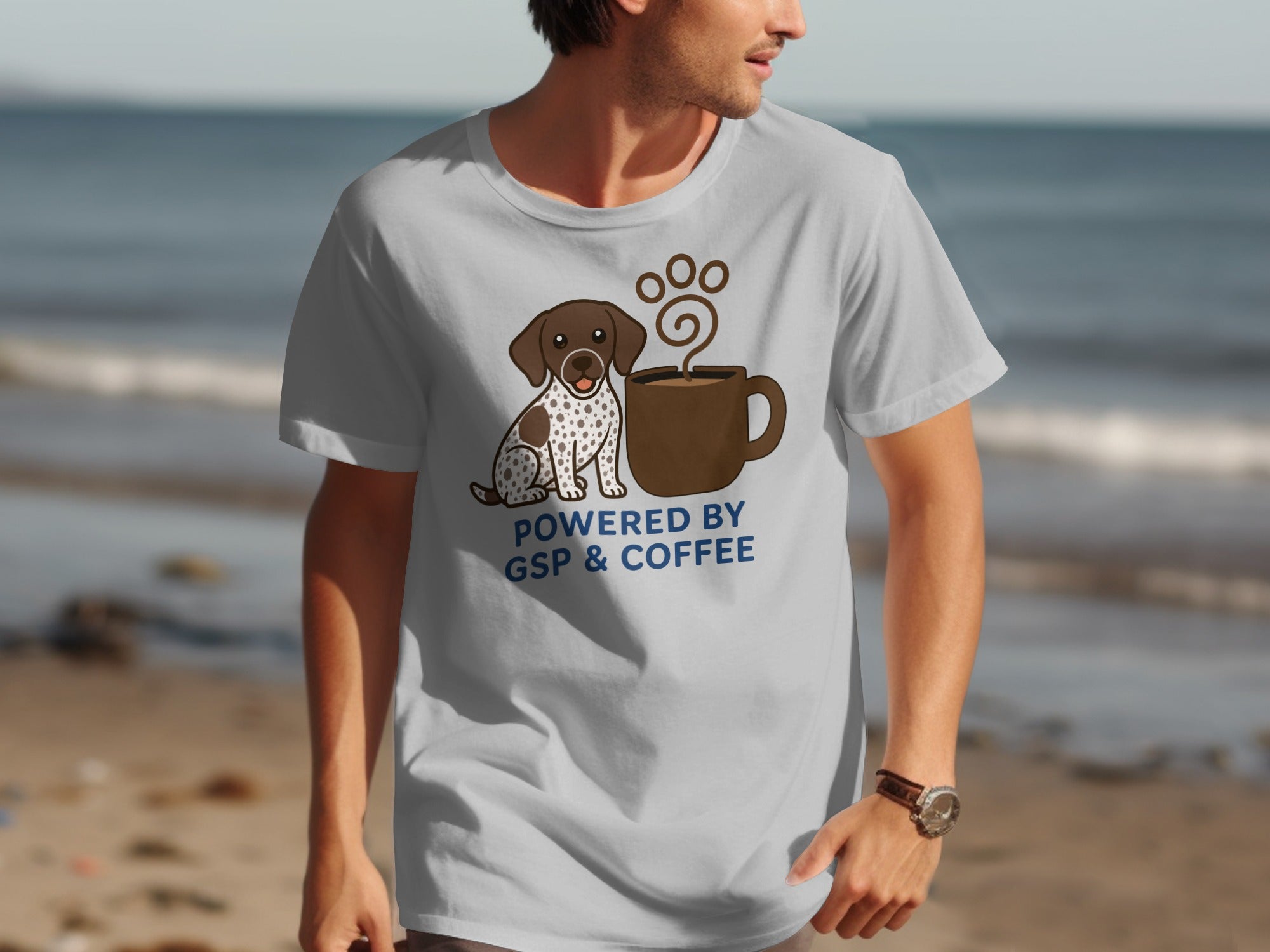 Light gray t-shirt with brown spotted dog and coffee cup graphic.