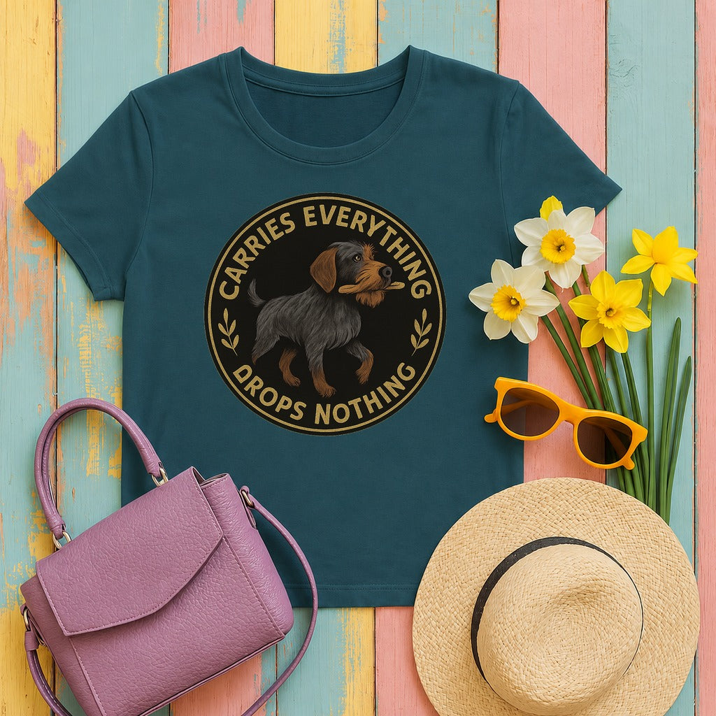 Wirehaired Pointing Griffon Carries Everything Drops Nothing T-shirt in Heather Deep Teal
