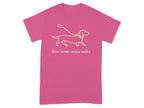 Dachshund on leash with text "Slow down, enjoy walks".