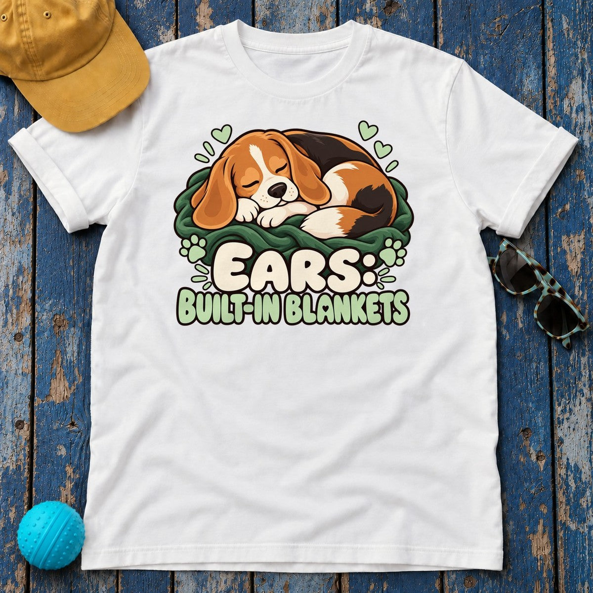 Ears Built-In Blankets Beagle T-Shirt in White - flat lay