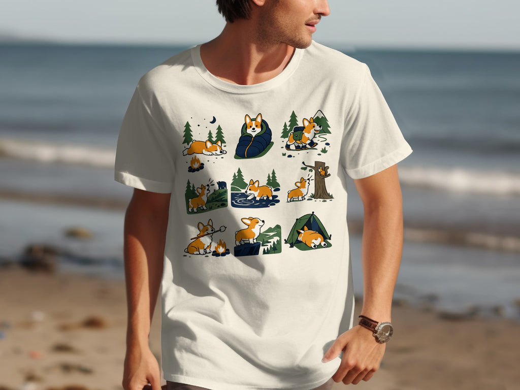 White t-shirt featuring a grid of nine cartoon corgis enjoying various camping activities.