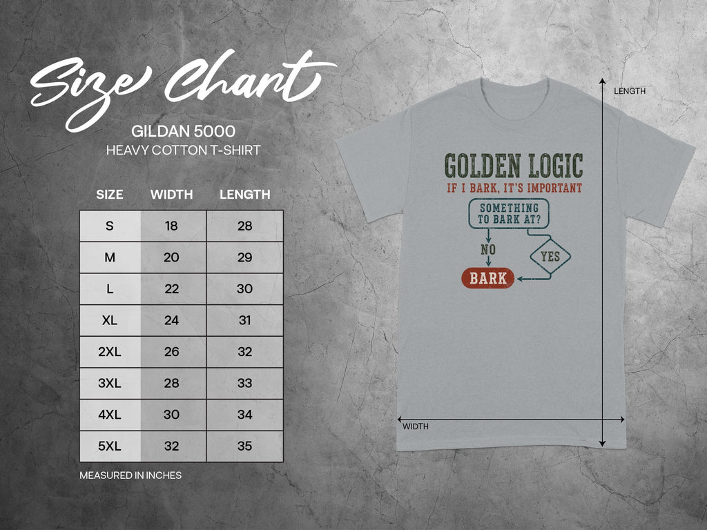 Gildan 5000 t-shirt size chart with measurements and Golden Logic graphic.