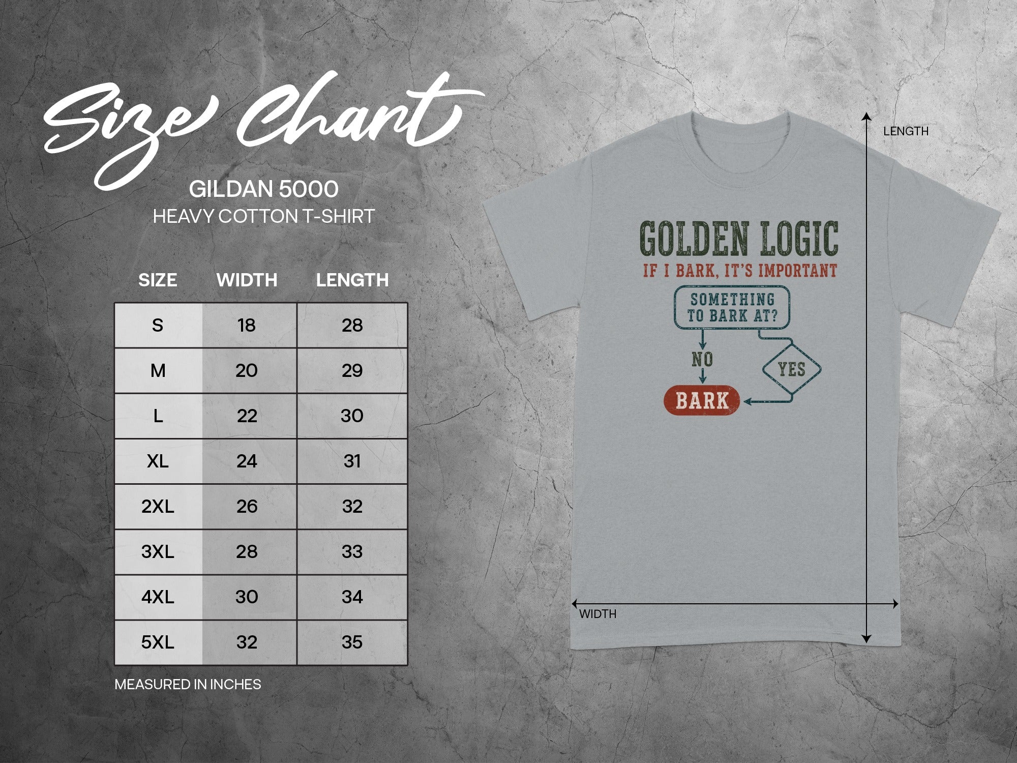 Gildan 5000 t-shirt size chart with measurements and Golden Logic graphic.