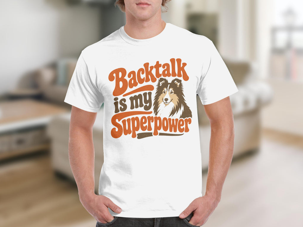 White t-shirt with "Backtalk is my Superpower" and a dog illustration.