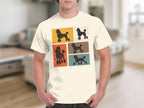 T-shirt with a grid of four black poodle silhouettes in distressed colorful squares.