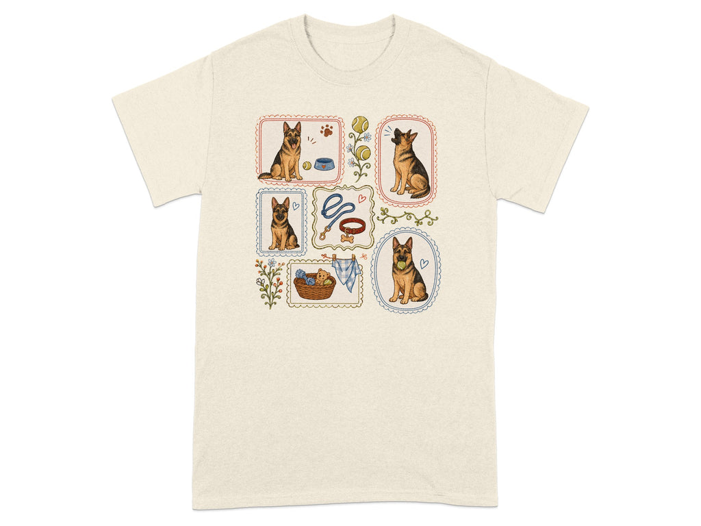 T-shirt featuring framed illustrations of German Shepherd dogs and dog-related items.