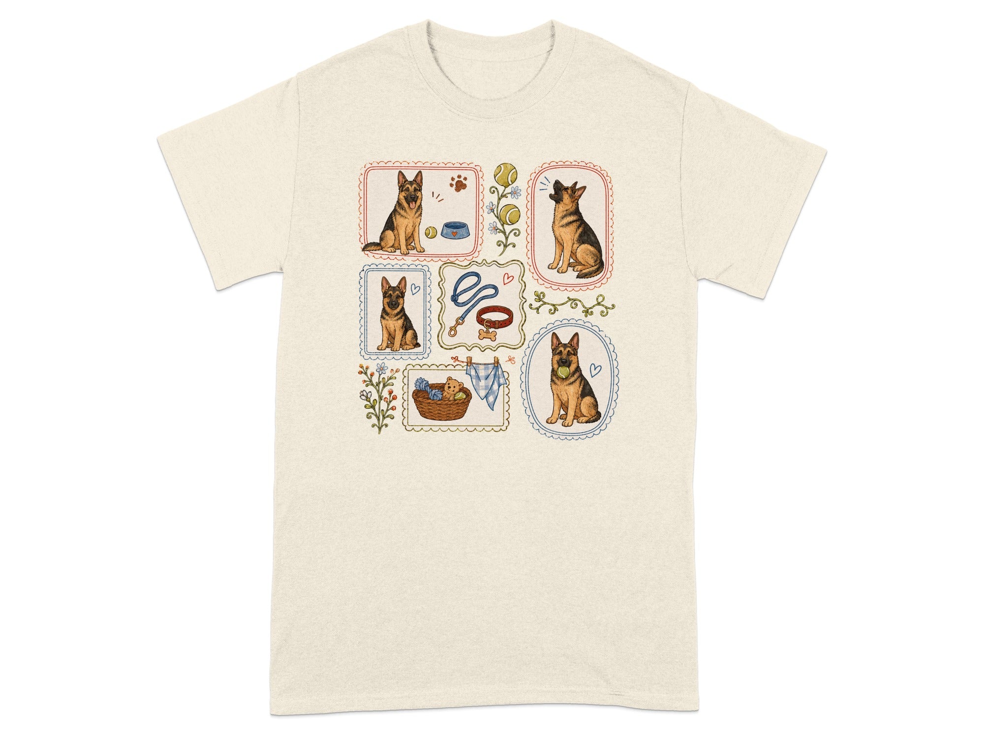 T-shirt featuring framed illustrations of German Shepherd dogs and dog-related items.