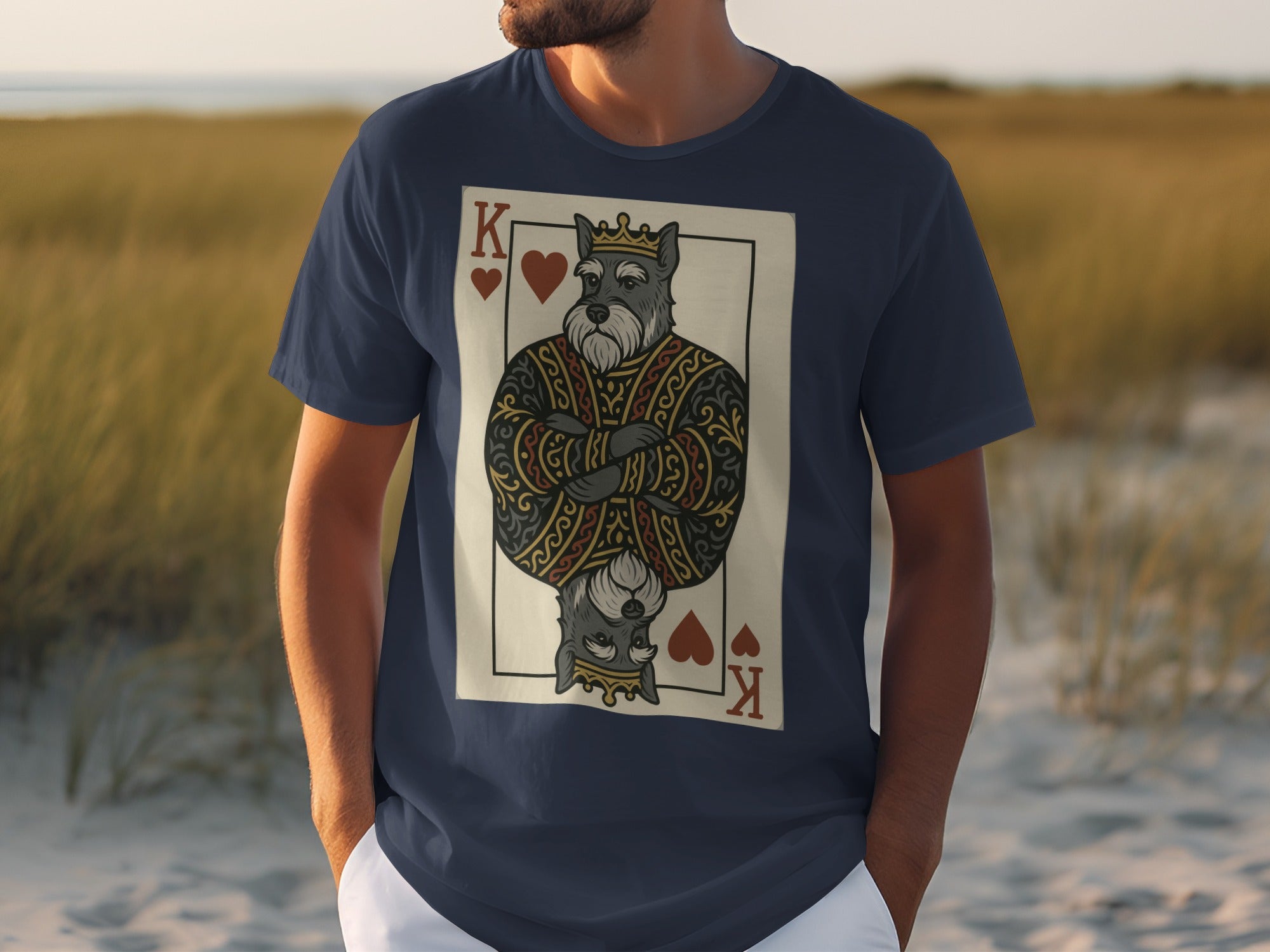 Dark blue t-shirt with King of Hearts card featuring a dog illustration.