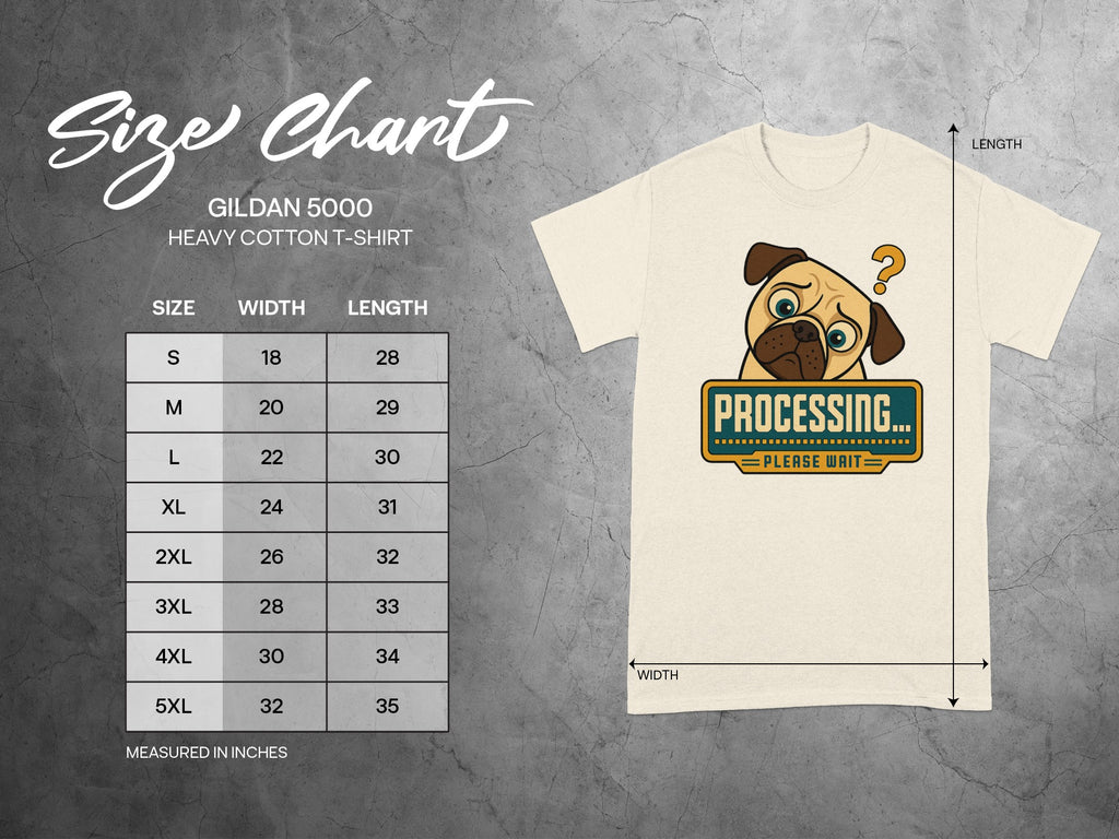 Gildan 5000 Heavy Cotton T-Shirt size chart with measurements and a pug graphic.