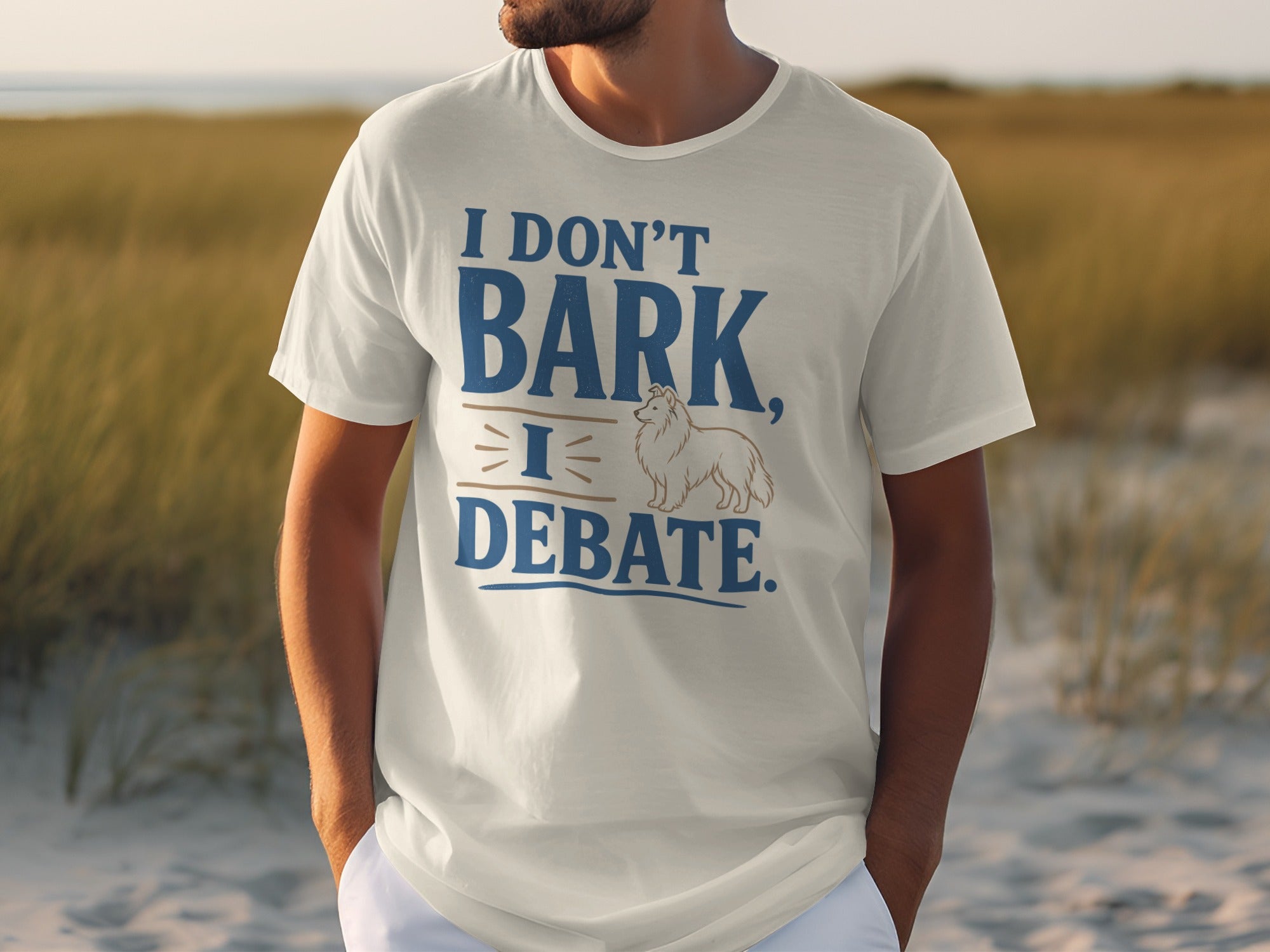 White t-shirt with "I DON'T BARK, I DEBATE" and a dog graphic.