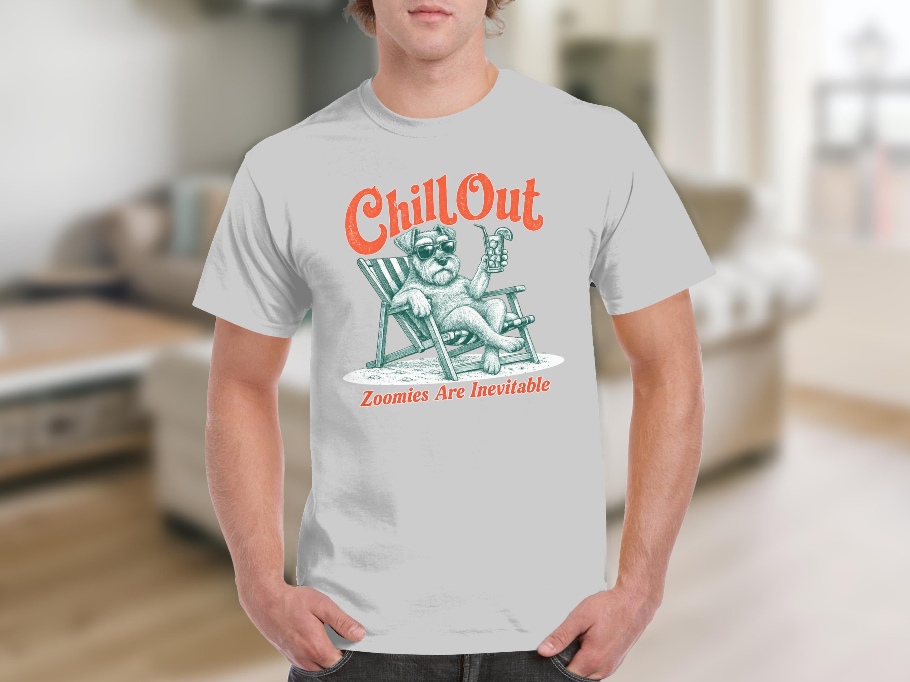 Schnauzer dog in sunglasses relaxes in a beach chair with a drink, text "Chill Out".
