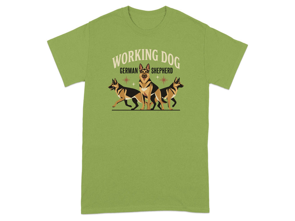 Three German Shepherd dogs posing on a green t-shirt with "WORKING DOG GERMAN SHEPHERD" text.