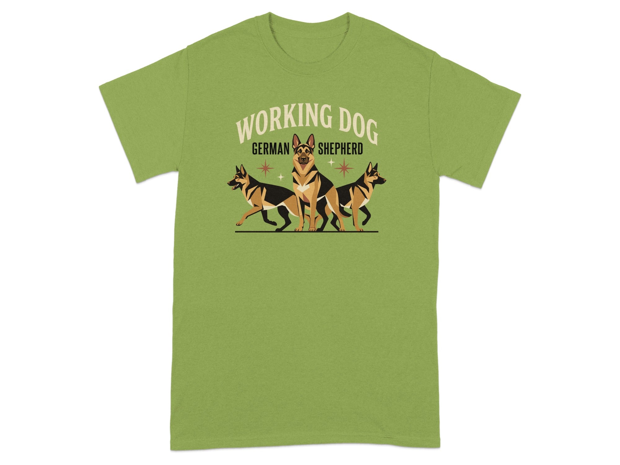 Three German Shepherd dogs posing on a green t-shirt with "WORKING DOG GERMAN SHEPHERD" text.