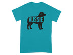 Teal t-shirt with black silhouette of a dog and the word "Aussie" within it.