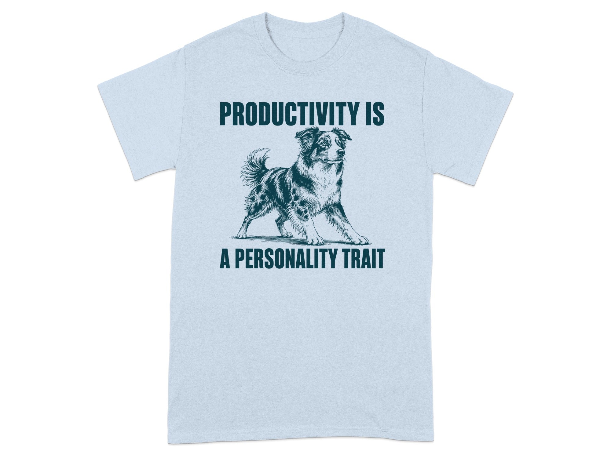 Light blue t-shirt with a dog illustration and text "PRODUCTIVITY IS A PERSONALITY TRAIT".