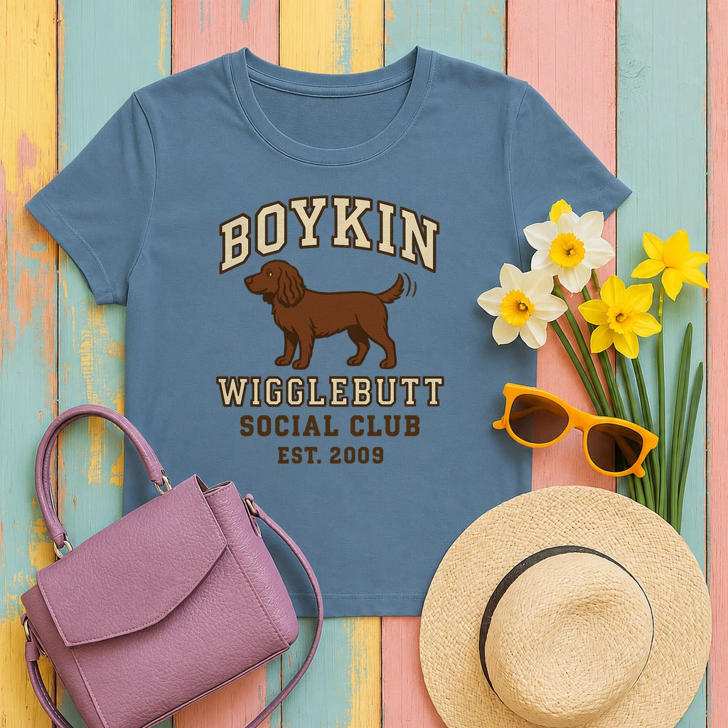 Boykin Spaniel Wigglebutt Social Club T-shirt in Steel Blue