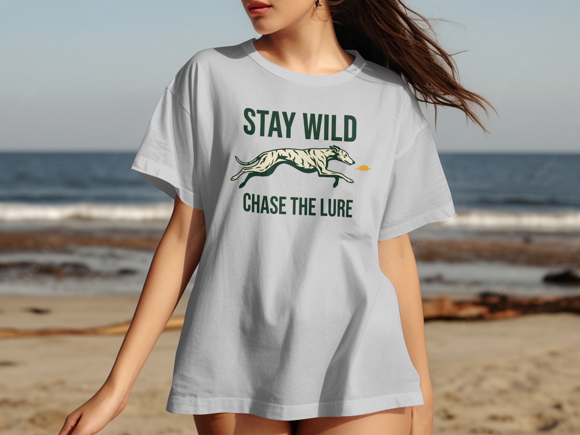 Light grey t-shirt with "STAY WILD CHASE THE LURE" and a running dog graphic.