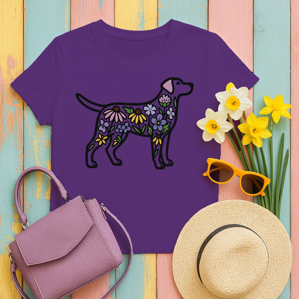 Dog Silhouette Filled with Flowers Graphic Art T-Shirt in Purple