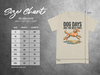 Gildan 5000 t-shirt size chart with "Dog Days Are The Best Days" graphic.