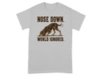 Gray t-shirt with illustration of dog with nose to ground, text "NOSE DOWN. WORLD IGNORED."