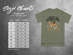 Gildan 5000 size chart and t-shirt graphic with dog chasing a smell.