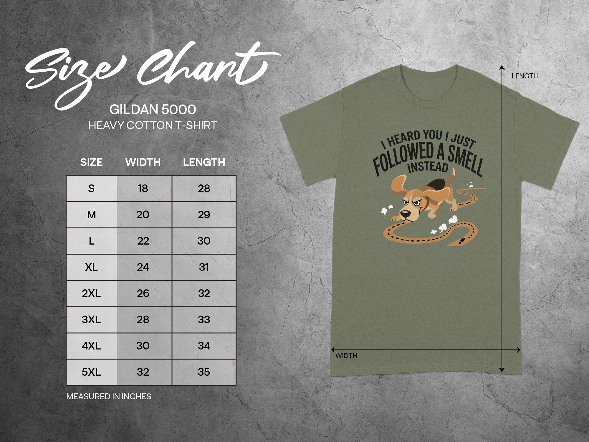 Gildan 5000 size chart and t-shirt graphic with dog chasing a smell.
