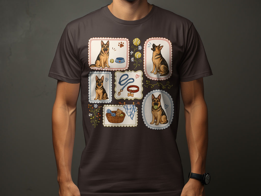 German Shepherd dog illustrations with toys and accessories on a dark brown t-shirt.