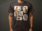 German Shepherd dog illustrations with toys and accessories on a dark brown t-shirt.
