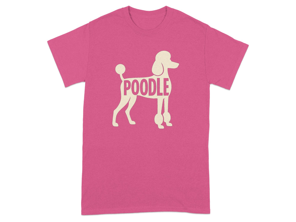 Pink t-shirt with ivory poodle graphic and text.