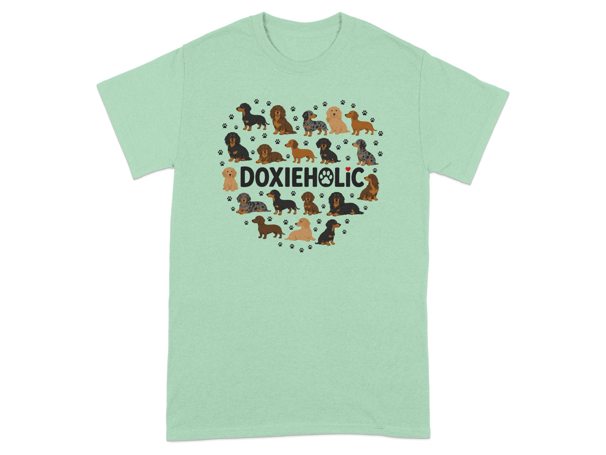 Heart-shaped arrangement of dachshunds and paw prints with "DOXIEHOLIC" text.
