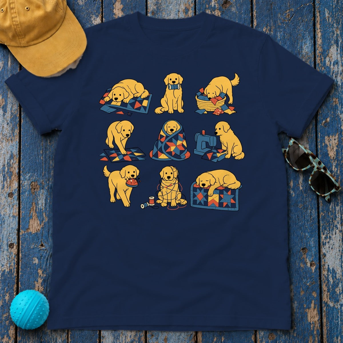 Cozy Golden Retriever Quilting Adventures T-Shirt in Navy